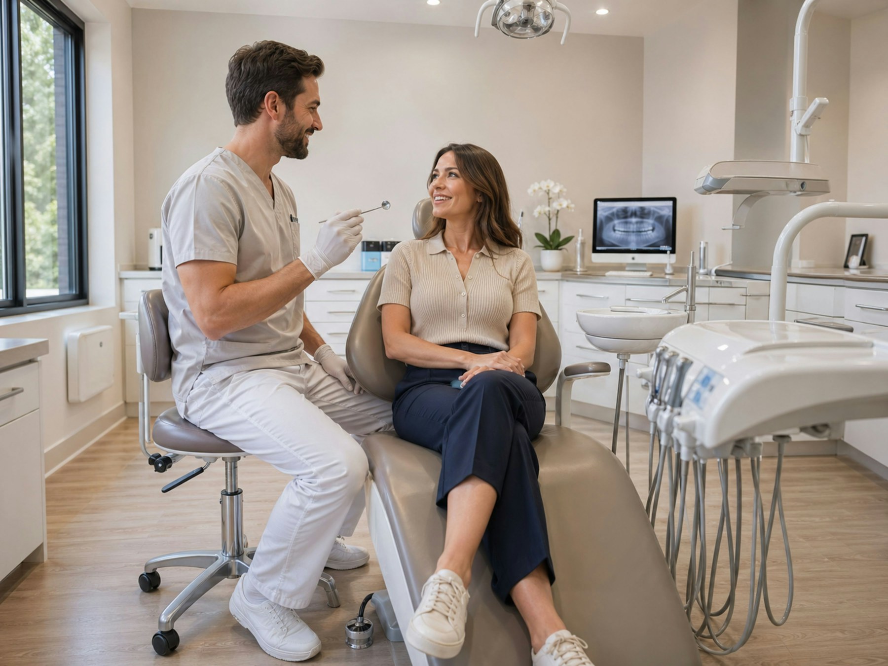 A clinician having a reassuring conversation with a patient in a bright dental office